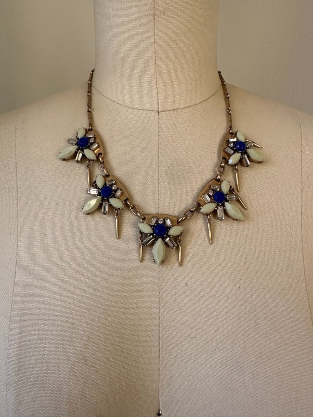 J.Crew Blue Crystal Statement Necklace | Ivory & Gold Spike Bib Necklace | 18" A